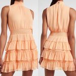 EXPRESS Peach Smocked Tiered Mock Neck Dress Ruffle Sleeveless Chiffon Small Photo 3