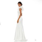 Mac Duggal  68137  Womens White Feather Shoulder Satin V Neck Gown Dress Photo 4