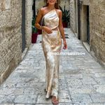 ZARA  NWT satin cutout one shoulder beige ivory printed maxi evening dress Photo 10