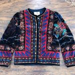 vintage • 1980s printed velvet jacket Saxton Hall floral peacock black red blue Size M Photo 0