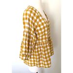 Maeve Anthropologie  April Mustard White Gingham Babydoll Blouse 3/4 Sleeve SP Photo 3
