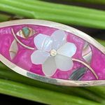 Vintage Alpaca Mexico Mexican Silver Mother of Pearl Inlaid ID Cuff Bracelet Photo 1