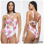 River Island  Floral Cut Out One Piece Swimsuit White Pink 12 Photo 1