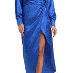 NEW Ronny Kobo Bernice Satin Blue Long Sleeve Faux Wrap Midi Dress Large L NWT Photo 0