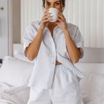 Le Rose Stories Genevieve Linen Button Up Top‎ Shorts Sleep Set Soft Blue XS Photo 3