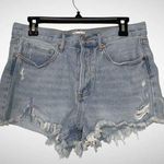 Simple Society Light Wash Blue Fringe Distressed Ripped Button Fly Jean Shorts 7 Photo 0