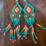 Boho Beaded Fringe Earrings – Turquoise Red Orange Southwest Diamond Pattern Blue Photo 1