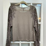 BCBGMAXAZRIA  | Lucia Tan Bohemian Sheer Printed Long Sleeves Blouse Size L Large Photo 3