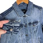 Liverpool Women’s Embroidered Raw Hem Denim Trucker Jacket Medium Photo 1