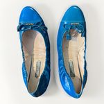 Prada  37 Ballet Flats Blue Leather Lined Foldable Slip On Travel Gold Name Logos Photo 5