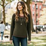 New Romantics Free People Stylish Olive Sweater with Multicolor Trim Green Size L Photo 1