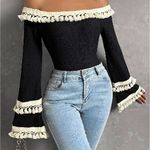 Off the Shoulder Flounce Style Sleeved Sweater Black Size M Photo 11