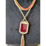 NY Women's Gold Chain Necklace Red Stone Pendant With Tassel And Lobster Claw Photo 4