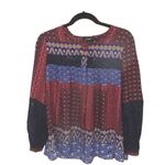 Desigual 𑁍 Mona Fucsias Boho Lace Sleeve Printed Button Down Shirt 𑁍 Blue Pink Photo 3