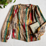 Vintage French Script 80s Satin Brocade Funky Blouse Tan Size 8 Photo 0