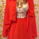 Casual 2 Piece Outfit Set Oversized Long Sleeve Shirt Loose High Waisted Mini Shorts Orange Size M Photo 0