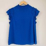 CeCe  Blue Clip Dot Ruffle Mock Neck Crepe Top Size Small Photo 0