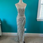 Mac Duggal NWT One Shoulder Lace Up Back Sequin Gown Nude Silver Formal Size 4 Photo 2