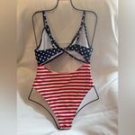 Blooming Jelly Womens One Piece Swimsuit High Cut Out American Flag Large L Blue Photo 3