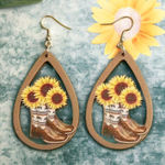 Western Retro Personality Cowboy Boots Sunflower Earrings Wooden Water Drop‎ Photo 0