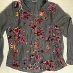 Roz & Ali | Black Button Down with Maroon Velvet Floral Accents | Large Photo 3