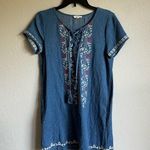 Oddy Blue Denim Tie Up Embroidered Dress Women’s M Coastal Cowgirl Preppy Size M Photo 0