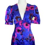 Topshop  Floral V-Neck A-Line Satin Mini Dress US 4 Blue Pink Short Sleeve Button Photo 3