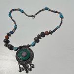 Vintage Boho Tribal Medallion Pendant Necklace Carnelian Turquoise Multistone Blue Photo 6