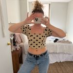 Mango  Tan and Black Puff Sleeve Polka Dot Crop Top Photo 0