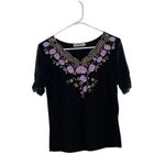 Vintage French embroidered floral sheer Black Top w/Purple flowers & butterflies Size M Photo 1