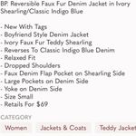 BP 🆕 . Reversible Faux Fur Denim Jacket in Ivory Shearling/Classic Indigo…​​​ Photo 11