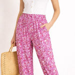 Anthropologie  Smocked Waist Floral Jogger Pants Pink Purple Leaf Print Boho L Photo 0