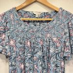 Lucky Brand Blue with Pink & White Flowers Smocked Yoke Boho Flutter Sleeve Top Photo 2