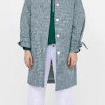 ZARA  Women's Green and Blue Checkered Plaid Trench Coat Sz L Photo 0