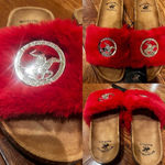 Beverly Hills Polo Club Womens Slides Sandals RED FUZZY Fur Size 7 Photo 3