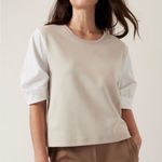 Athleta  Tan & White Harlow Hybrid Puff Sleeve Shirt  Photo 0
