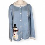 Blue and White Faux Fur Cozy Snowman Holiday Festive Cardigan Size Large Photo 0