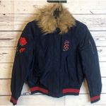 Ultim8 Navy faux fur collar Snake And rose appliqué bomber Jacket Juniors Sz S Blue Photo 2
