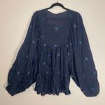 Free People NWT  Navy Blue Floral Embroidered Beaded Flowy Blouse Women's Small Photo 7
