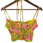 ASOS Design Floral Halter Neck Ruched Crop Top Neon Yellow Pink Green Size 6 Photo 0
