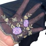 Vintage French embroidered floral sheer Black Top w/Purple flowers & butterflies Size M Photo 6