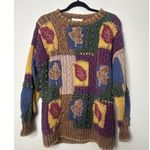 EXPRESS Vintage 90s Tricot Hand Knitted Sweater Medium Leaves Patchwork Boho Photo 0