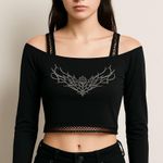 Cider Black Long Sleeve Crop Top XS Cold Shoulder Rose Graphic Mesh Y2K Goth Photo 0
