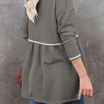 Waffle V Neck Tunic Peplum Flowy Swing Loose Long Sleeve Sweater Green S Photo 3