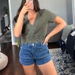 Lucky Brand Cropped Green V-Neck Lace Blouse Photo 3