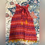 THML NWT  Moroccan Red and Blue Patterned Top with Yellow Fringe Size Medium Photo 1
