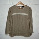 J.Crew Women's Fringe Embroidered Linen Keyhole Crewneck Tan White Top Size 00 Photo 0