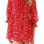 Free People  Babydoll Mini Dress Red Floral Long Sleeve Lined Size 4 Photo 0