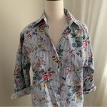Floral Print Yellow Black Gray cotton Striped Shirt Size Medium Photo 2
