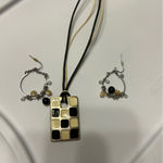 Checkerboard Pendant Necklace & Beaded Hoop Earrings Set Fashion Jewelry Black Photo 1